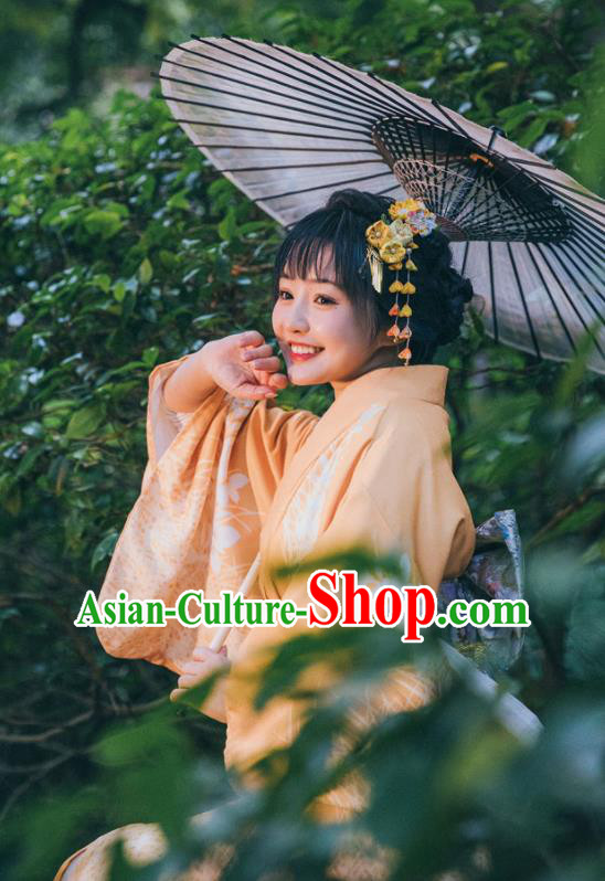 Japan Young Lady Garment Japanese Printing Orange Kimono Traditional Summer Festival Yukata Dress