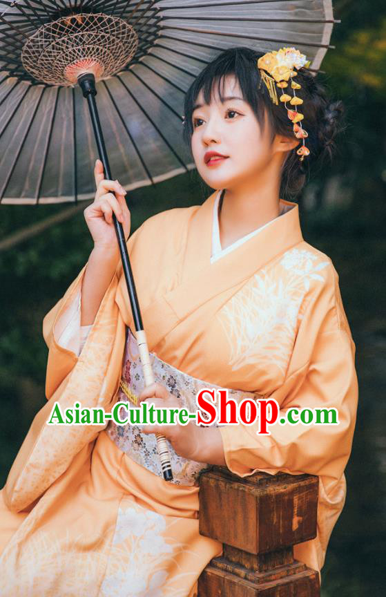 Japan Young Lady Garment Japanese Printing Orange Kimono Traditional Summer Festival Yukata Dress