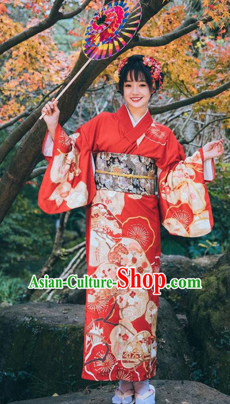 Japanese Printing Red Kimono Japan Traditional Summer Festival Yukata Dress Young Lady Garment