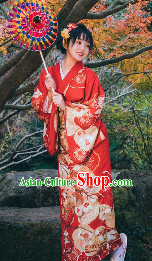 Japanese Printing Red Kimono Japan Traditional Summer Festival Yukata Dress Young Lady Garment