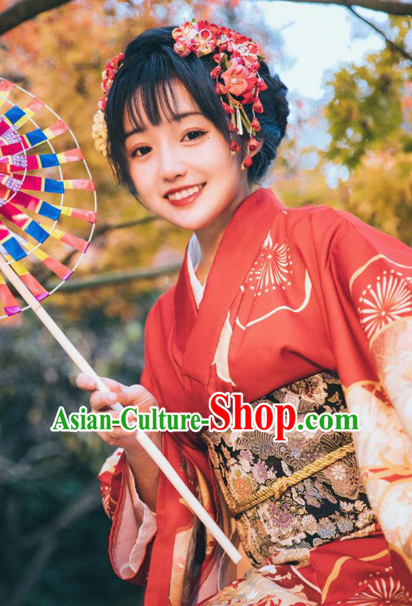 Japanese Printing Red Kimono Japan Traditional Summer Festival Yukata Dress Young Lady Garment