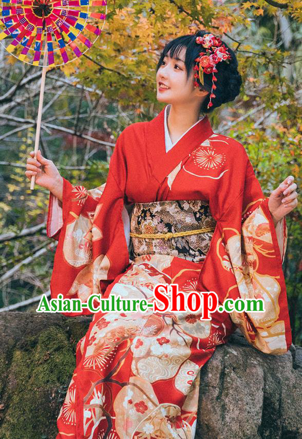 Japanese Printing Red Kimono Japan Traditional Summer Festival Yukata Dress Young Lady Garment