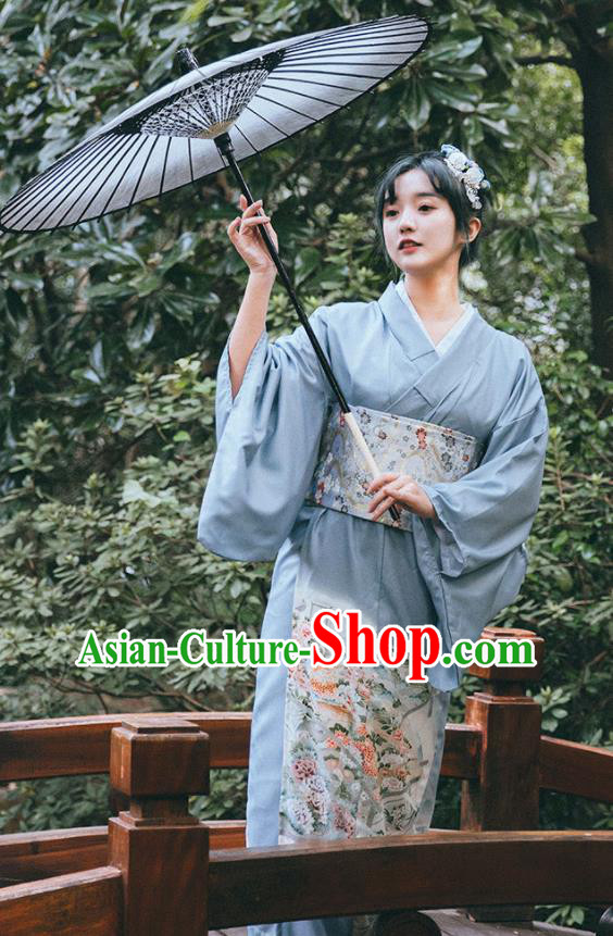 Japan Traditional Summer Festival Yukata Dress Japanese Young Lady Garment Printing Blue Kimono