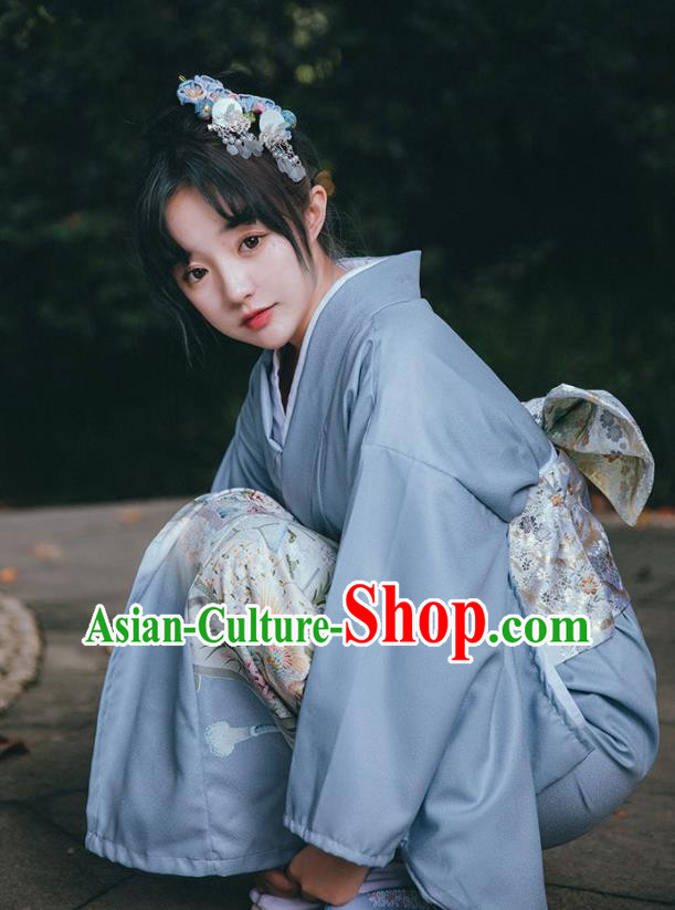 Japan Traditional Summer Festival Yukata Dress Japanese Young Lady Garment Printing Blue Kimono