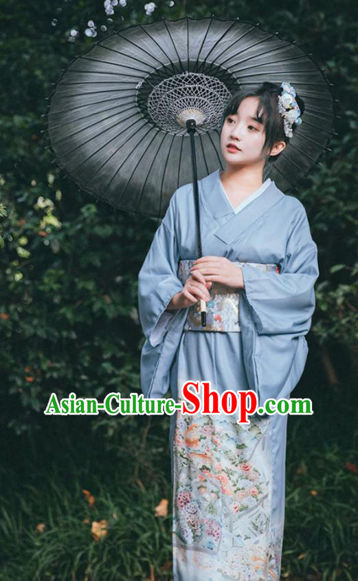 Japan Traditional Summer Festival Yukata Dress Japanese Young Lady Garment Printing Blue Kimono