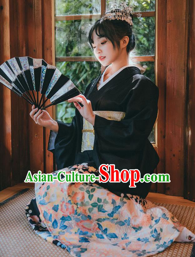 Japan Printing Black Kimono Traditional Yukata Dress Japanese Summer Festival Young Lady Garment