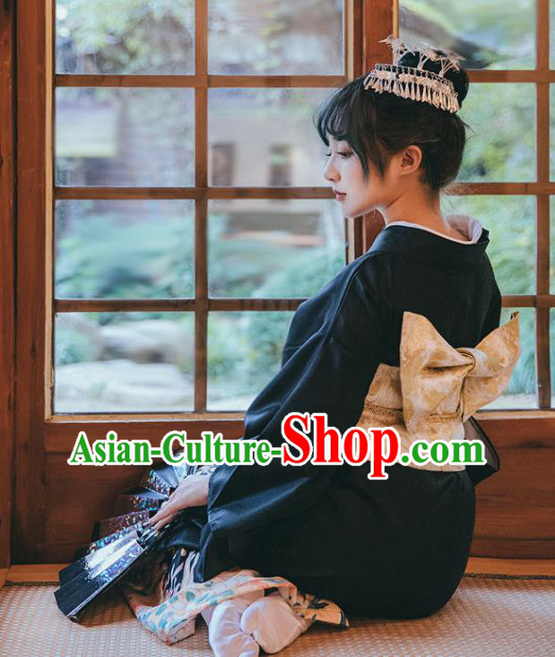 Japan Printing Black Kimono Traditional Yukata Dress Japanese Summer Festival Young Lady Garment