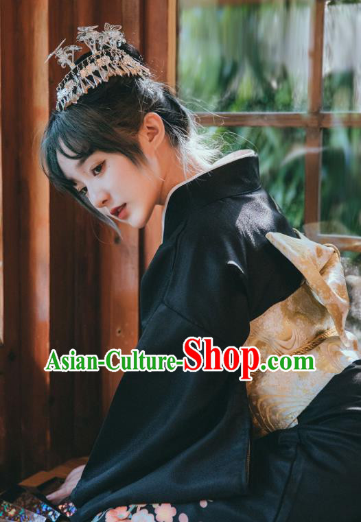 Japan Printing Black Kimono Traditional Yukata Dress Japanese Summer Festival Young Lady Garment