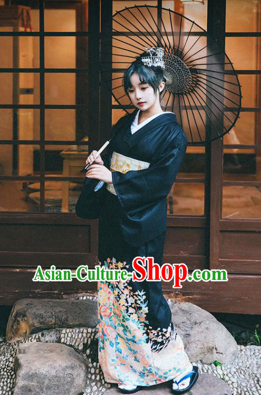 Japan Printing Black Kimono Traditional Yukata Dress Japanese Summer Festival Young Lady Garment