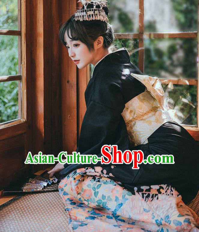 Japan Printing Black Kimono Traditional Yukata Dress Japanese Summer Festival Young Lady Garment