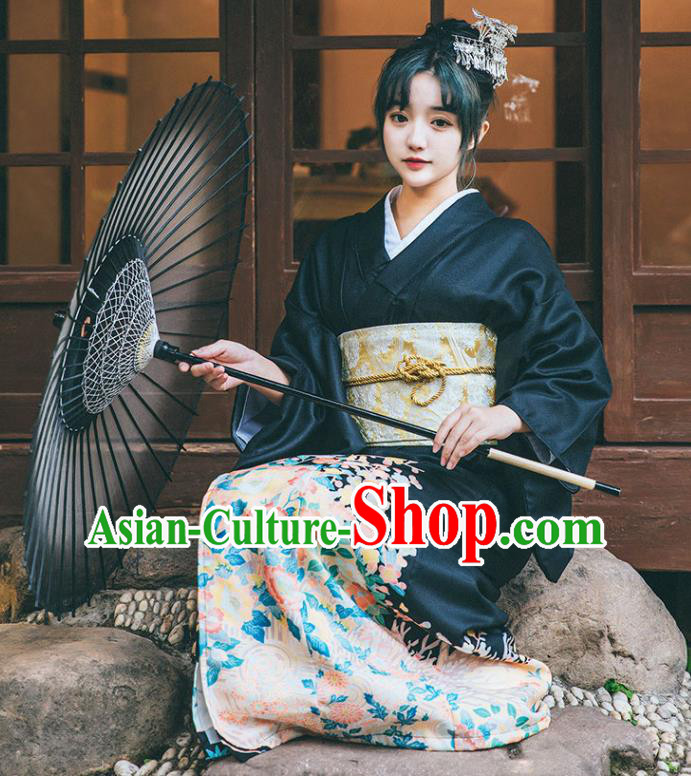Japan Printing Black Kimono Traditional Yukata Dress Japanese Summer Festival Young Lady Garment