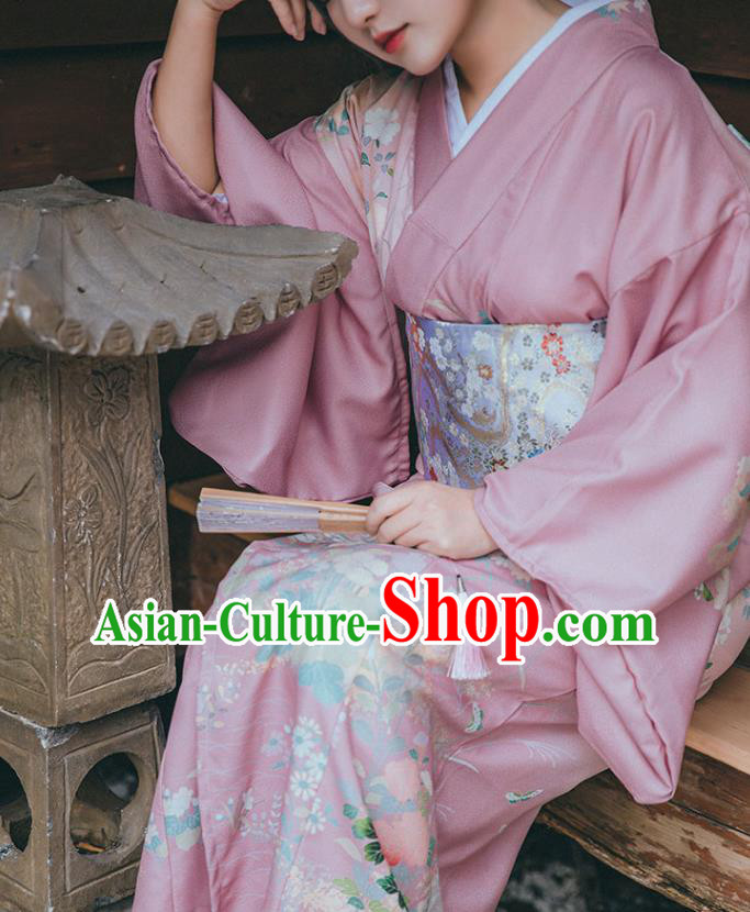 Japanese Summer Festival Young Lady Garment Japan Printing Pink Kimono Traditional Yukata Dress