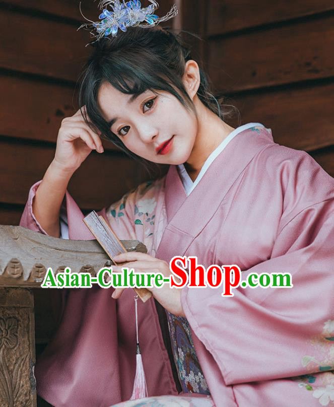 Japanese Summer Festival Young Lady Garment Japan Printing Pink Kimono Traditional Yukata Dress