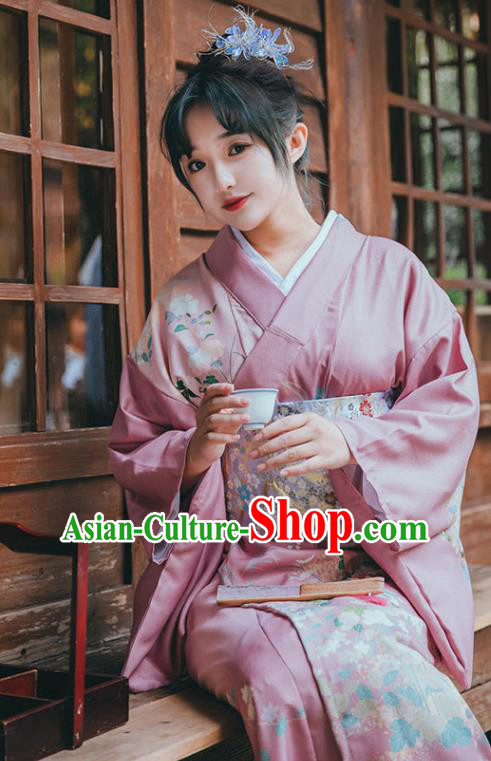 Japanese Summer Festival Young Lady Garment Japan Printing Pink Kimono Traditional Yukata Dress