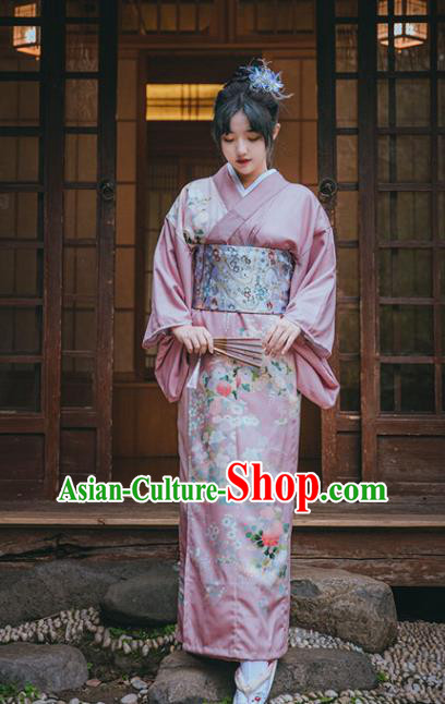 Japanese Summer Festival Young Lady Garment Japan Printing Pink Kimono Traditional Yukata Dress
