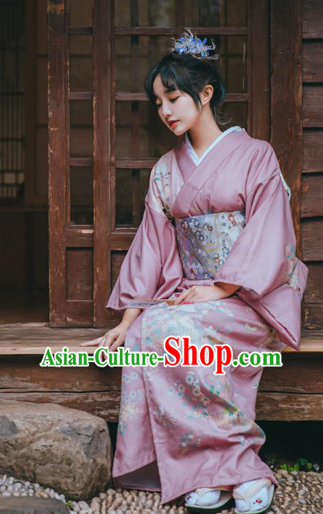 Japanese Summer Festival Young Lady Garment Japan Printing Pink Kimono Traditional Yukata Dress