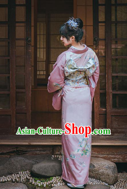 Japanese Summer Festival Young Lady Garment Japan Printing Pink Kimono Traditional Yukata Dress