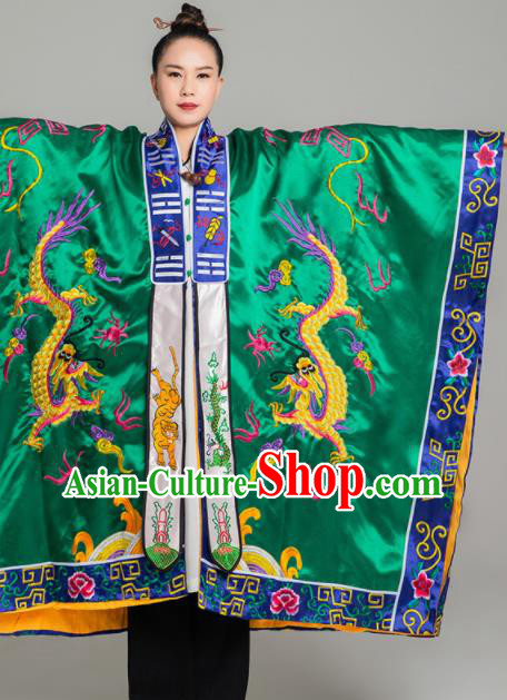 Chinese Embroidered Dragon Priest Frock Traditional Taoism Green Silk Garment  Handmade Taoist Ecclesiastical Robe