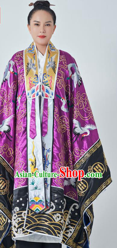 Chinese Embroidered Crane Purple Silk Robe Traditional Priest Frock Taoism Ritual San Qing Garment Handmade Taoist Master Costume
