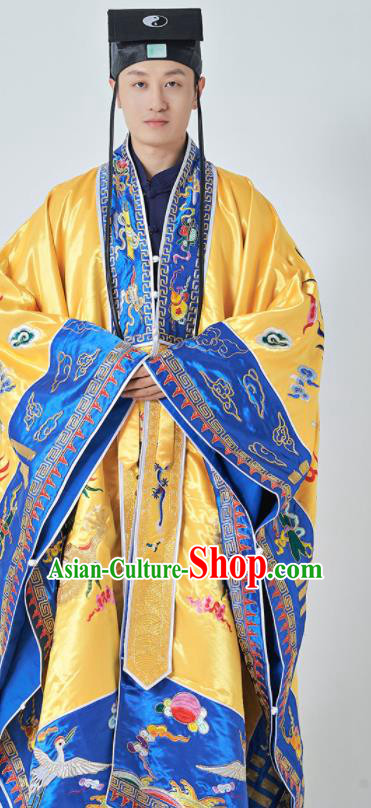 Chinese Taoism Ritual Priest Frock San Qing Garment Taoist Master Costume Traditional Embroidered Dragon Yellow Silk Robe