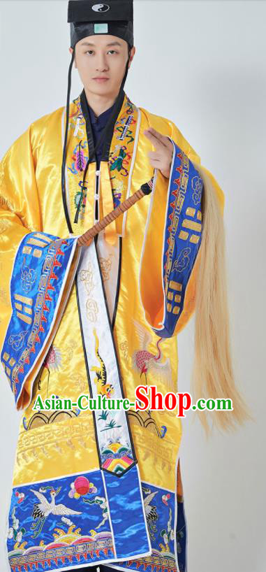 Chinese Embroidered Crane Yellow Silk Robe Traditional Daoism Frock Taoism Master Garment Wudang Taoist Priest Costume