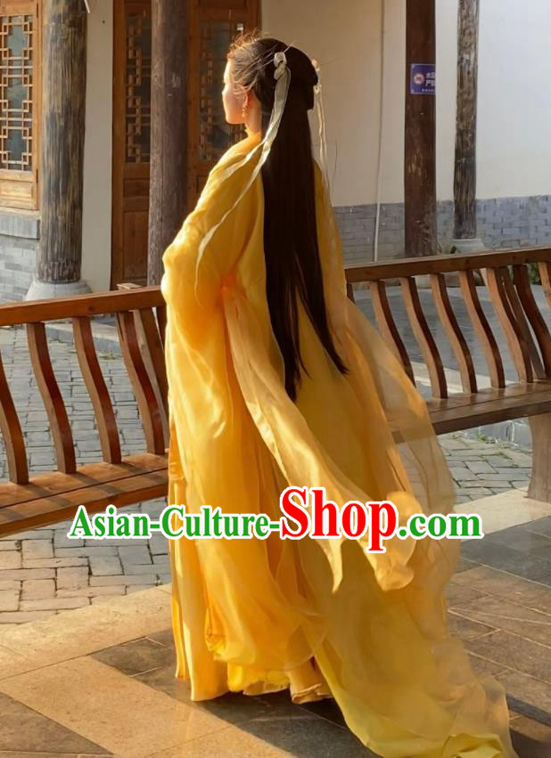 Chinese Traditional Wuxia Costumes Ancient Swordswoman Yellow Dress Clothing