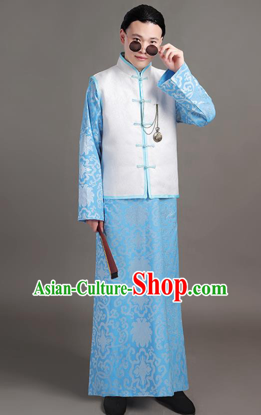 Chinese Traditional Costumes Qing Dynasty Childe Garments Ancient Landlord Blue Clothing