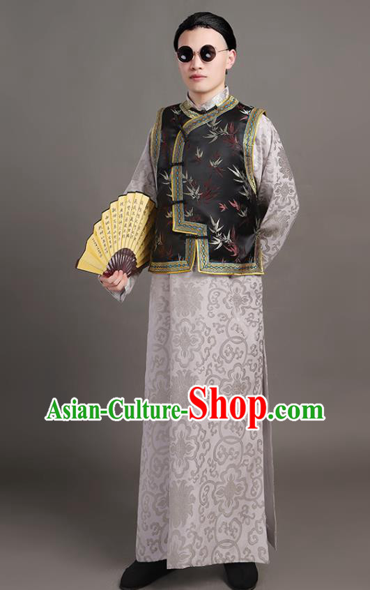 Chinese Traditional Wedding Costumes Qing Dynasty Young Man Garments Ancient Childe Grey Clothing