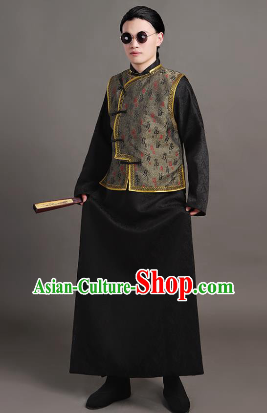 Chinese Qing Dynasty Young Man Garments Ancient Childe Black Clothing Traditional Costumes