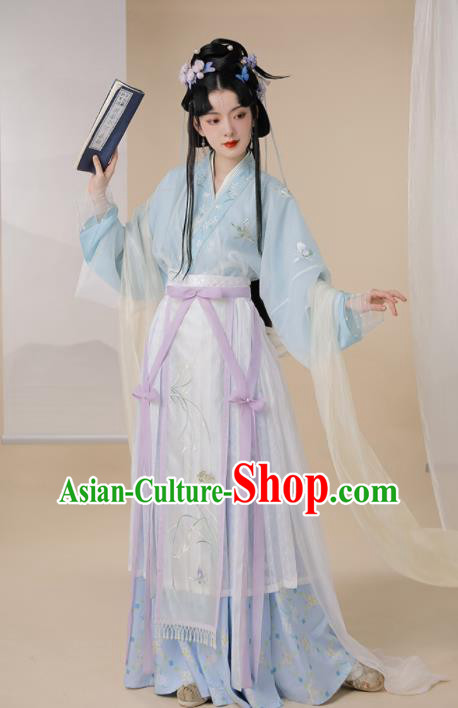 Chinese Jin Dynasty Garment Costumes Ancient Palace Princess Clothing Traditional Embroidered Blue Hanfu Dress