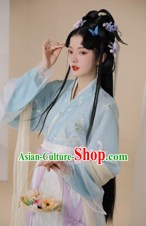 Chinese Jin Dynasty Garment Costumes Ancient Palace Princess Clothing Traditional Embroidered Blue Hanfu Dress