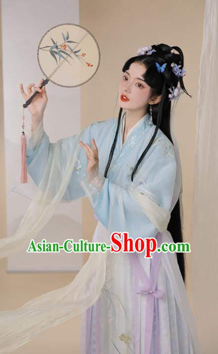 Chinese Jin Dynasty Garment Costumes Ancient Palace Princess Clothing Traditional Embroidered Blue Hanfu Dress