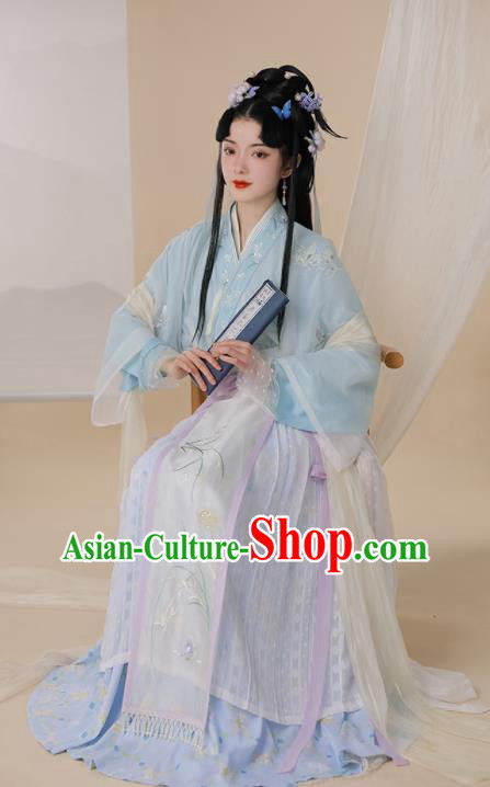 Chinese Jin Dynasty Garment Costumes Ancient Palace Princess Clothing Traditional Embroidered Blue Hanfu Dress