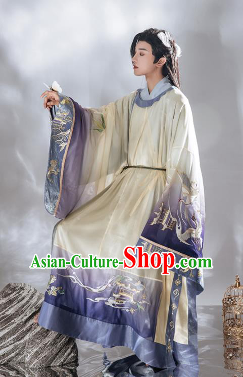 Chinese Ancient Young Childe Clothing Traditional Embroidered Hanfu Robe Ming Dynasty Scholar Garment Costume