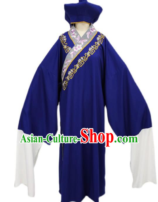 Chinese Shaoxing Opera Tang Bohu Clothing Peking Opera Xiaosheng Garment Costume Ancient Scholar Dark Blue Robe