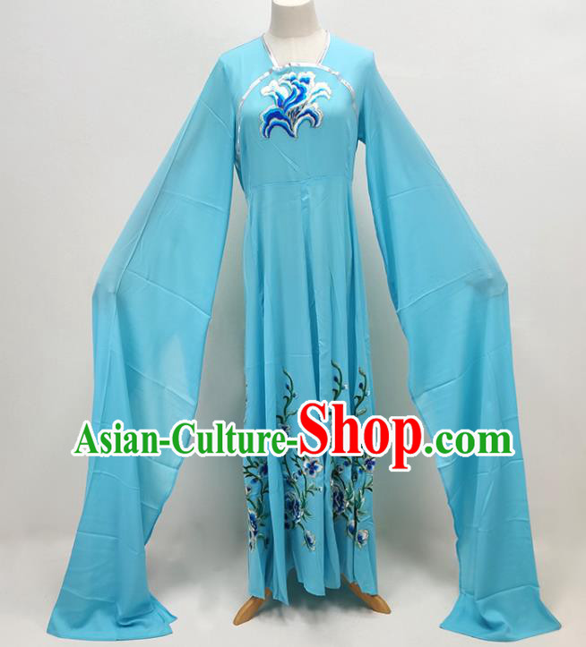 Chinese Ancient Palace Lady Costume Beijing Opera Hua Tan Blue Water Sleeve Dress Huangmei Opera Actress Clothing