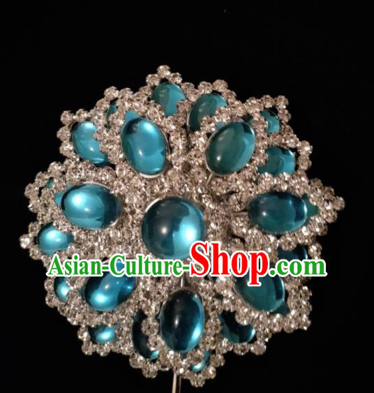 Chinese Peking Opera Hua Tan Blue Gems Hair Jewelry Beijing Opera Actress Headpiece Ancient Empress Crystal Hair Pin