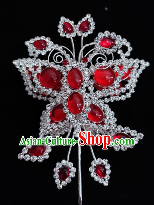 Chinese Beijing Opera Actress Red Gems Headpiece Ancient Empress Crystal Butterfly Hair Pin Peking Opera Hua Tan Hair Jewelry