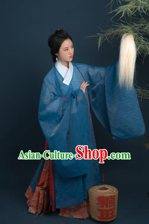 Chinese Ming Dynasty Historical Costume Ancient Noble Woman Blue Silk Long Gown