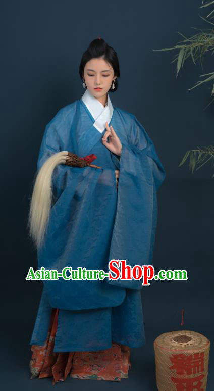 Chinese Ming Dynasty Historical Costume Ancient Noble Woman Blue Silk Long Gown