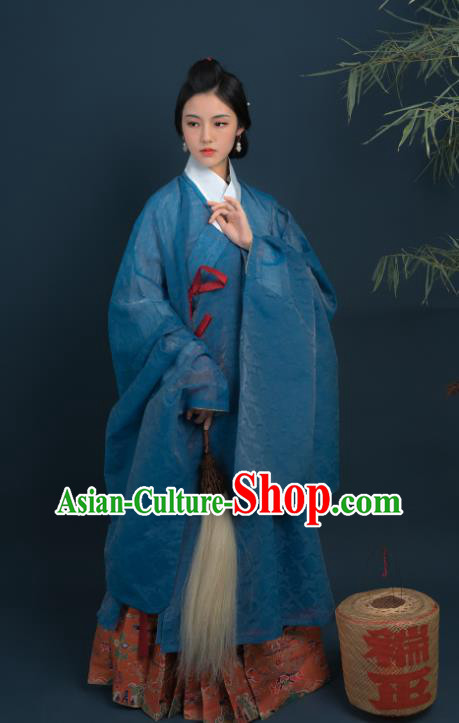 Chinese Ming Dynasty Historical Costume Ancient Noble Woman Blue Silk Long Gown