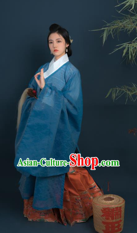 Chinese Ming Dynasty Historical Costume Ancient Noble Woman Blue Silk Long Gown