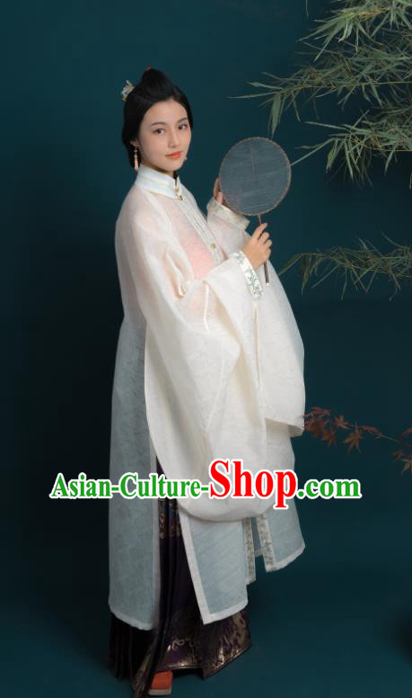 Chinese Ming Dynasty Noble Woman Historical Costume Ancient Fairlady Beige Long Gown and Purple Skirt Complete Set