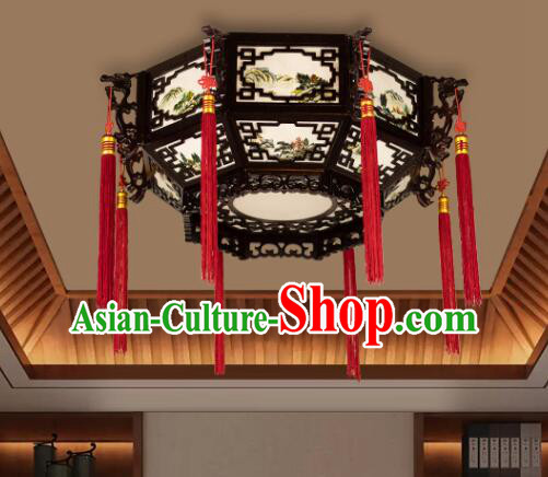 Chinese Traditional Ceiling Lamp Landscape Painting Ceiling Lantern Handmade Rosewood Lantern