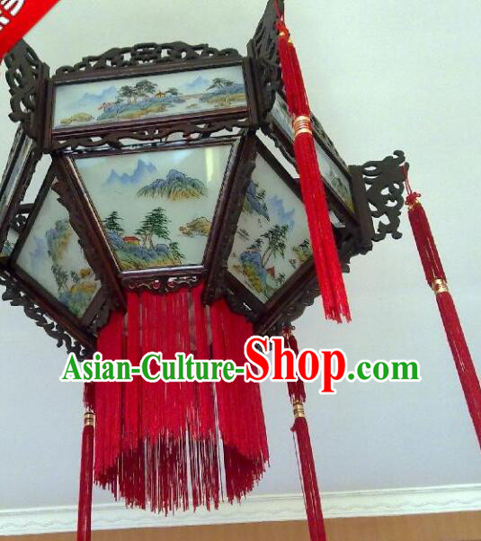 Chinese Handmade Rosewood Lantern Traditional Ceiling Lamp Landscape Painting Ceiling Lantern