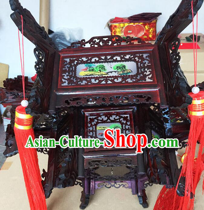 Chinese Landscape Painting Palace Lantern Handmade Rosewood Lantern Traditional Ceiling Lamp