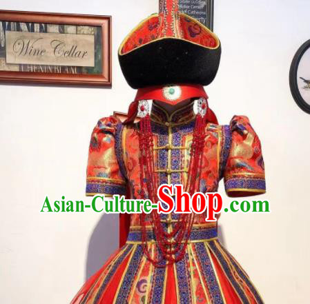 Chinese Folk Dance Costume Mongol Nationality Garment Children Dance Mongolian Red Dress