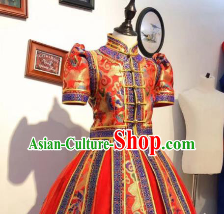 Chinese Folk Dance Costume Mongol Nationality Garment Children Dance Mongolian Red Dress