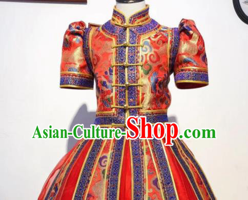 Chinese Folk Dance Costume Mongol Nationality Garment Children Dance Mongolian Red Dress