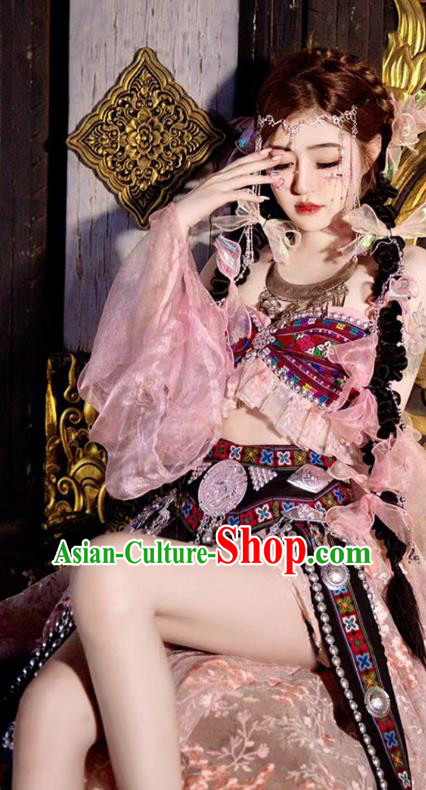 Chinese Va Nationality Costume Belly Dance Garment Folk Dance Clothing